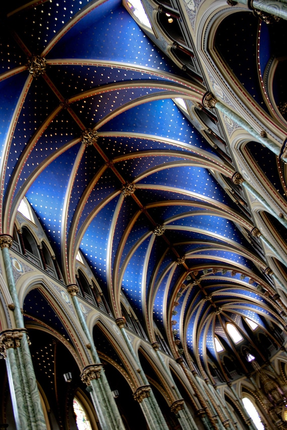 Photograph Interior Dark Cobalt Blue Ottawa Notre Dame Cathedral Architectural Vaulted Ceiling In Canada Travel Fine Art Print Home Decor