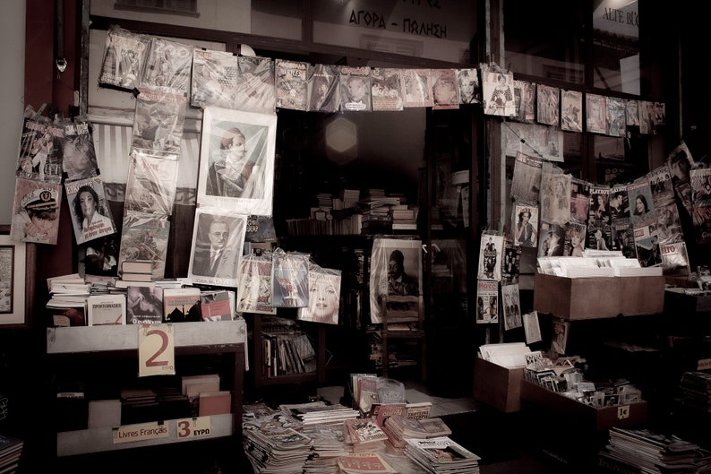 Greek Bookstore Athens Greece Photograph Bibliophile Book Lovers Art Print Monochromatic Wall Art image 1