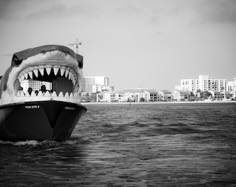 Clearwater Florida Shark Boat - Black and White Photograph - Dolphin Watching Boat - Florida Travel Art