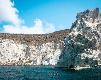 Santorini Greece Photograph - Man Swimming Print - Beautiful Greek Beach - Blue Mediterranean Sea - Travel Art