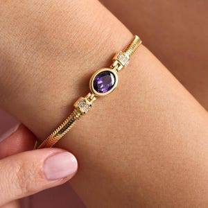 Herringbone Amethyst Bracelet: Gold Plated Sterling Silver Cuff, Bracelets for Women, Purple Bangle, Herringbone Bracelet, Birthday Gifts