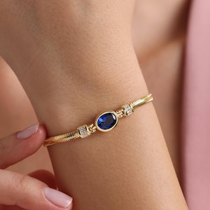 Herringbone Sapphire Bracelet, Cuff Model Chain, Gold Oval Blue Bracelet, Blue Handmade Bracelet, Dainty Silver Bracelet, for Everyday Wear