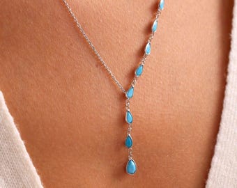 Turquoise Lariat Y Pendant, Bezel Lariat Pendant, Sequential Stone Necklace, Turquoise Beads Silver Jewelry, 925 Link Chain Thin Choker