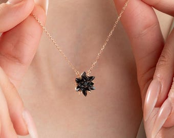 Black Onyx Lotus Necklace: Sterling Silver Gold-Plated Floral Pendant