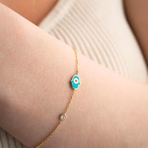 Fatima Hand Bracelet, 925 Silver Gold Plated, Solitaire CZ Accent, Hamsa Protection Jewelry, Dainty Gift for Her, Evil Eye Charm Bracelet