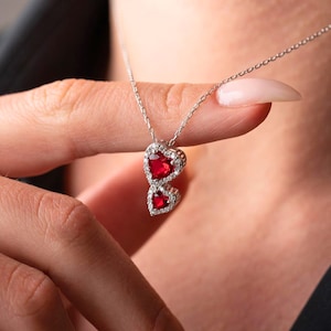 Ruby Double Heart Necklace: Sterling Silver, Romantic Jewelry