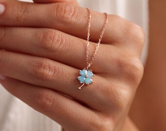 Four Leaf Clover Necklace, Aquamarine Necklace, Lucky Choker, Tree Necklace, Leaf Gold Jewelry, Tiny Clover Pendant, Birthstone Necklace