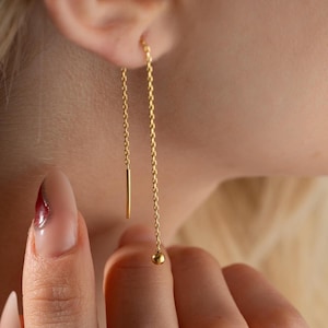 Gold Threader Earrings: Sterling Silver Dangle Chain, Zircon Stone