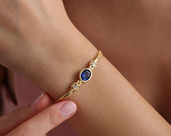 Herringbone Sapphire Bracelet, Cuff Model Chain, Gold Oval Blue Bracelet, Blue Handmade Bracelet, Dainty Silver Bracelet, for Everyday Wear