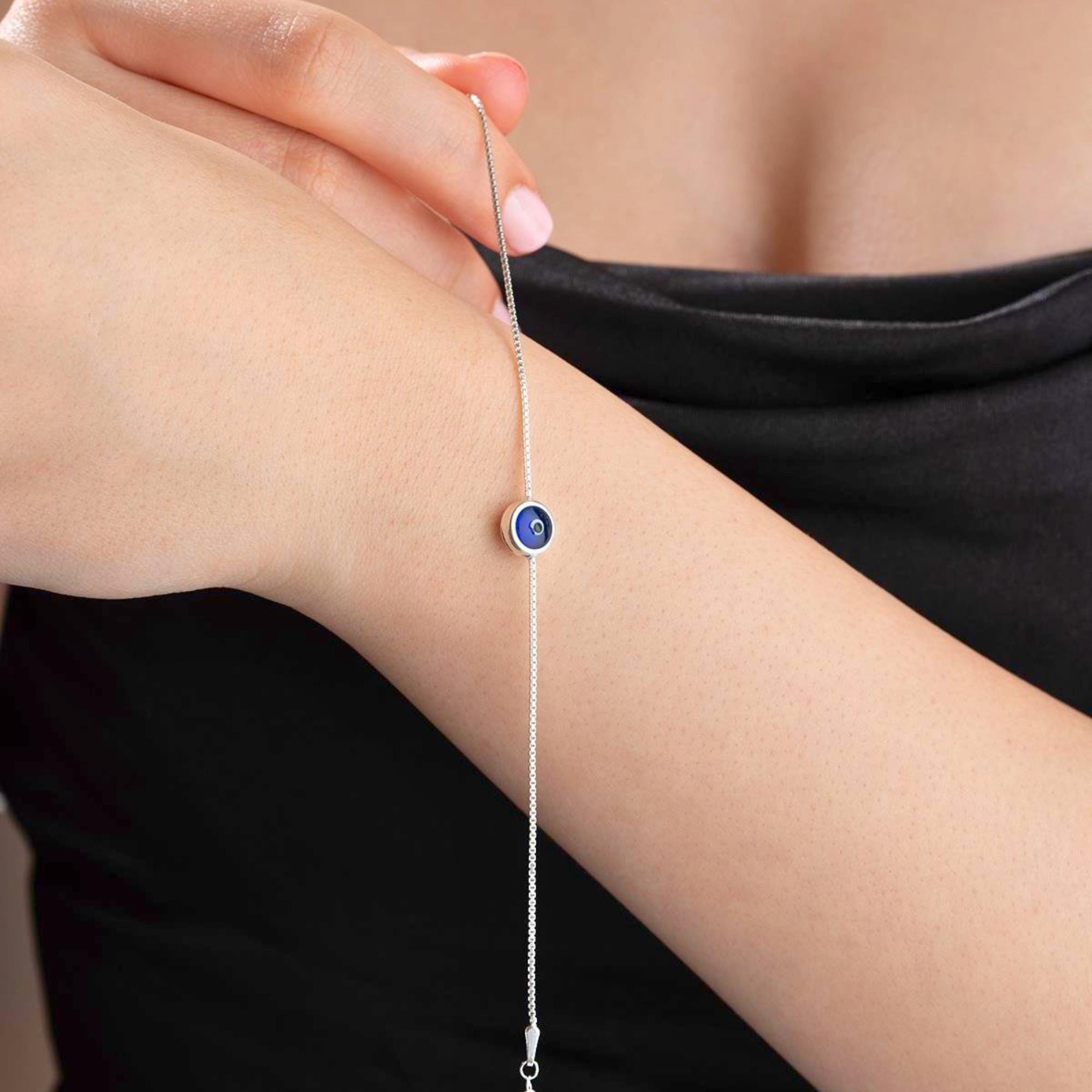 Evil Eye Chain Bracelet, Tiny Bracelet, Evil Eye Jewelry, Silver Eye Bracelet, Delicate Silver Bracelet, Grandma Bracelet, Boho Bracelet