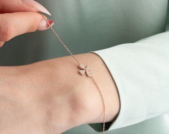 Clover Silver Bracelet, 4 Leaf Clover Jewelry, Vintage Charm Bracelet, Dainty Flower Bangle, Rose Gold Chain Cuff Bracelet, Lucky Shamrock