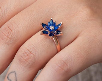 Adjustable Blue Lotus Ring, Gold Plated Ring, Minimalist Jewelry, Women Rings, Lotus Jewelry, Flower Jewelry, Gift for Birthday,