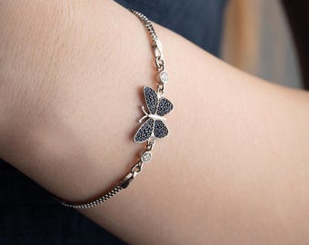 Silver Blue Butterfly Bracelet, Silver Butterfly Jewelry,  Women Bracelet, Dainty Bracelet, Gift for Birthday, Christmas, Vintage Jewelry