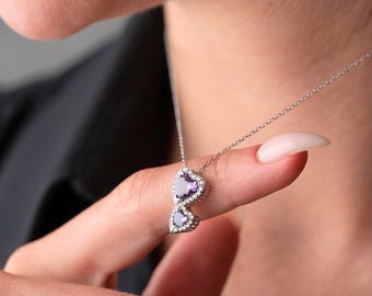 Double Heart Amethyst Necklace, Purple Gemstone Pendant, Dainty Love Jewelry, Sterling Silver Heart Choker, Gift for Her, Birthstone Jewelry