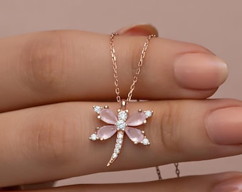 Sterling Silver Dragonfly Necklace, Pink Emerald, Lucky Choker, Animal Necklace, Leaf Gold Jewelry, Tiny Clover Pendant, Birthstone Necklace