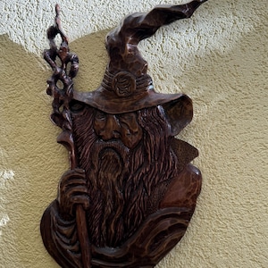 carved wizard, mage, fantasy, magic, wood, handmade, wall decor, art, decor