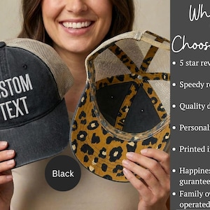 May include: A black baseball cap with a mesh back and the words CUSTOM TEXT embroidered in white on the front. The interior of the cap features a brown and black leopard print pattern on the underside of the brim and inner panels.