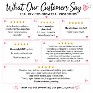 May include: A customer review graphic titled What Our Customers Say with the subtitle REAL REVIEWS FROM REAL CUSTOMERS. It features five white rectangular boxes with pink borders, each containing five gold stars and text testimonials from buyers.