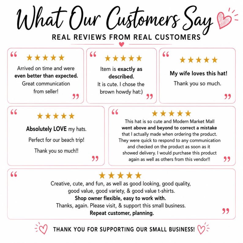 May include: A customer review graphic titled What Our Customers Say with the subtitle REAL REVIEWS FROM REAL CUSTOMERS. It features five white rectangular boxes with pink borders, each containing five gold stars and text testimonials from buyers.
