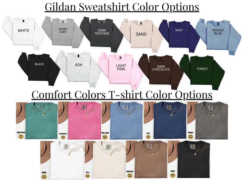 K&ouml;nnte beinhalten: Bild mit Farboptionen f&uuml;r Gildan-Sweatshirts und Comfort Colors-T-Shirts. Die Sweatshirts werden in verschiedenen Farben wie Wei&szlig;, Grau, Schwarz, Rosa und Blau gezeigt. Die T-Shirts werden in Gr&uuml;n-, Rosa-, Blau- und Braunt&ouml;nen pr&auml;sentiert.