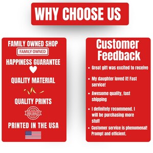 K&ouml;nnte beinhalten: Eine rote Grafik mit wei&szlig;em Text, der "WHY CHOOSE US" lautet. Darunter befinden sich zwei rote Grafiken mit wei&szlig;em Text. Eine lautet "Family Owned Shop", "Happiness Guarantee", "Quality Material", "Quality Prints" und "Printed in the USA". Die andere lautet "Customer Feedback".