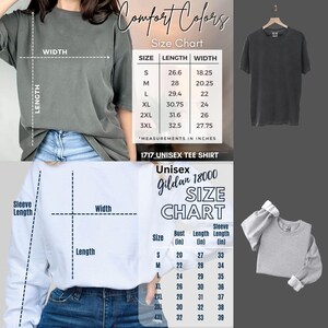 K&ouml;nnte beinhalten: Das Bild zeigt ein graues T-Shirt und einen wei&szlig;en Pullover sowie Gr&ouml;&szlig;entabellen. Die Tabellen zeigen Ma&szlig;e in Zoll f&uuml;r verschiedene Gr&ouml;&szlig;en, einschlie&szlig;lich Brustumfang, L&auml;nge und &Auml;rmell&auml;nge. Der Text "Comfort Colors" und "1717 Unisex Tee Shirt" sind sichtbar.