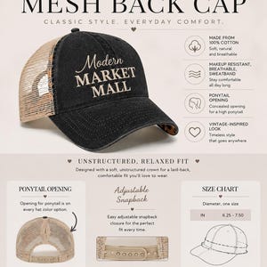 May include: A black mesh back cap with a distressed finish and the text Modern MARKET MALL in beige. The cap features a tan mesh back, a curved brim with a leopard print underside, and an adjustable snapback closure with a ponytail opening.