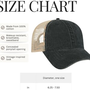 K&ouml;nnte beinhalten: Schwarze Trucker-Kappe mit Mesh-R&uuml;ckseite und gebogenem Schirm. Die Kappe hat einen Vintage-Look, besteht aus 100 % Baumwolle und hat eine verdeckte Pferdeschwanz&ouml;ffnung. Der Durchmesser betr&auml;gt zwischen 15,88 und 19,05 cm. Der Text "SIZE CHART" steht oben.