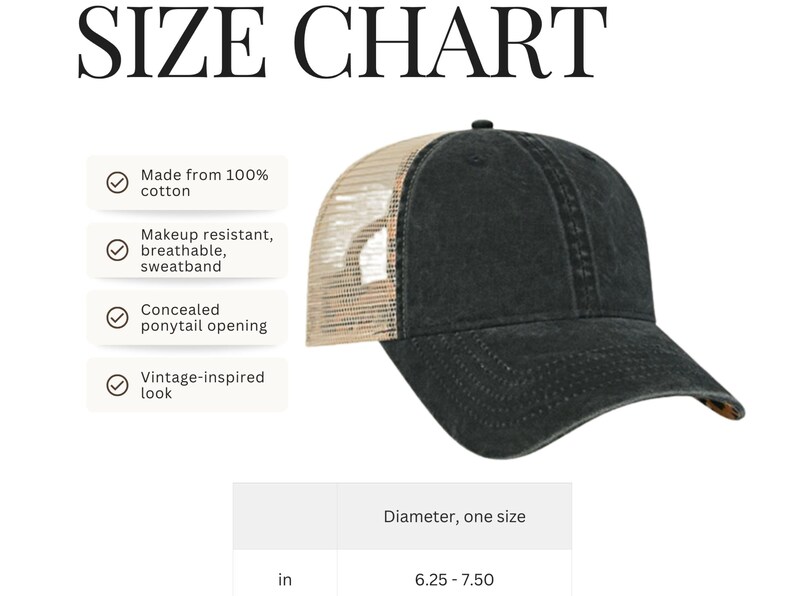 K&ouml;nnte beinhalten: Schwarze Trucker-Kappe mit Mesh-R&uuml;ckseite und gebogenem Schirm. Die Kappe hat einen Vintage-Look, besteht aus 100 % Baumwolle und hat eine verdeckte Pferdeschwanz&ouml;ffnung. Der Durchmesser betr&auml;gt zwischen 15,88 und 19,05 cm. Der Text "SIZE CHART" steht oben.