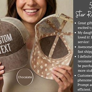 May include: Two brown trucker hats with mesh backs. One hat shows the front with the white text CUSTOM TEXT, and the other shows the interior with a white and brown spotted pattern. A circular label below reads Chocalate, and text on the right lists 5 Star Reviews.