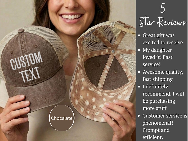 May include: Two brown trucker hats with mesh backs. One hat shows the front with the white text CUSTOM TEXT, and the other shows the interior with a white and brown spotted pattern. A circular label below reads Chocalate, and text on the right lists 5 Star Reviews.
