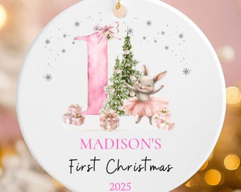 Baby First Christmas Ornament - Personalized Baby Girl First Christmas - Bunny Ornament