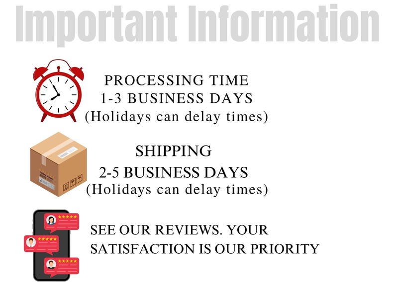 May include: An informational graphic titled Important Information featuring a red alarm clock icon, a brown cardboard shipping box icon, and a black smartphone icon displaying red review bubbles with text regarding business days and customer satisfaction.