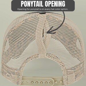 May include: A beige mesh trucker hat featuring a vertical ponytail opening at the back. The text PONYTAIL OPENING and Opening for ponytail is on every hat color option is displayed above the hat with an arrow pointing to the opening.