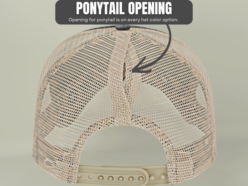 May include: A beige mesh trucker hat featuring a vertical ponytail opening at the back. The text PONYTAIL OPENING and Opening for ponytail is on every hat color option is displayed above the hat with an arrow pointing to the opening.