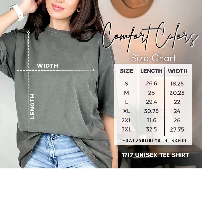 May include: A charcoal gray short-sleeve t-shirt with a size chart graphic labeled Comfort Colors. The chart lists sizes S through 3XL with corresponding length and width measurements in inches, ranging from 26.6 to 32.5 inches in length.