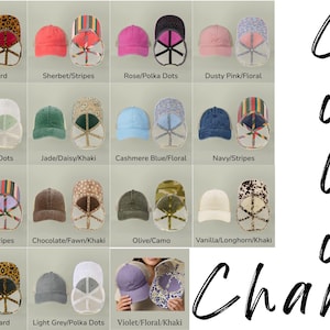 May include: A color chart displaying various baseball caps in different colors and patterns, including leopard, stripes, polka dots, floral, and camo. Each entry shows the front view and the interior lining of the cap with its corresponding name.