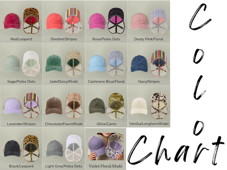 May include: A color chart displaying various baseball caps in different colors and patterns, including leopard, stripes, polka dots, floral, and camo. Each entry shows the front view and the interior lining of the cap with its corresponding name.