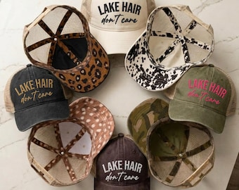 Lake Hair Dont Care Hat, Embroidered Lake Life Hat for Women, Ponytail Cap, Boating Gift, Summer Vacation Trucker Hat, Lake gifts