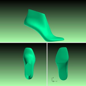 Puede incluir: Representación 3D de un zapato de tacón alto en color verde azulado vibrante. La imagen muestra el zapato desde tres ángulos diferentes: lateral, superior e inferior. El diseño presenta una punta afilada y un tacón curvo, mostrando una estética moderna.