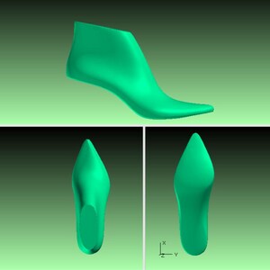 May include: A three-view rendering of a teal high-heeled shoe last. The top view shows the shoe from the side, while the bottom views display the front and top of the shoe. The shoe has a pointed toe and a slender heel.