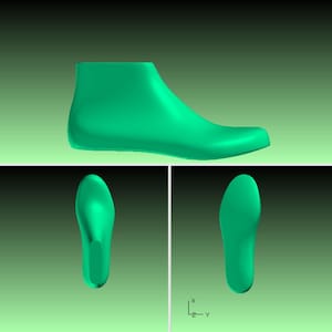 Puede incluir: Representación tridimensional de una horma de zapato en color verde azulado vibrante. La imagen presenta la horma desde tres ángulos diferentes: perfil lateral, vista superior y vista inferior, mostrando su forma y contornos. El fondo es un degradado verde.