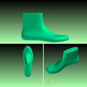 Puede incluir: Imagen de tres vistas de una horma de zapato de color turquesa. La vista superior muestra la horma completa del zapato, mientras que las otras dos vistas muestran la horma del zapato de lado y en ángulo. La horma del zapato es una forma sólida utilizada en la fabricación de calzado.