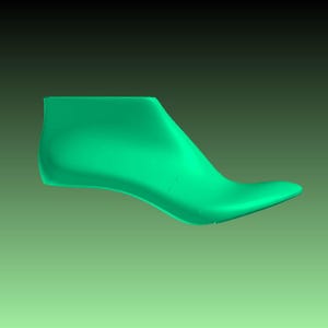 Puede incluir: Una horma de zapato de color verde azulado sólido, una forma utilizada en la fabricación de calzado. La forma es un molde tridimensional con forma de pie, utilizado para dar forma a los zapatos durante la construcción. La horma del zapato está sobre un fondo verde degradado.