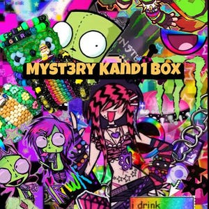 May include: A colourful collage with cartoon characters, text, and designs. The text "MYST3RY KAND1 BOX" is visible. Other text includes "i drink glitter glue :)". The image is a mix of bright pink, green, purple, and black.