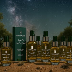 Puede incluir: Un grupo de diez peque&ntilde;os frascos de aceite de arg&aacute;n Henry Lauder Hair Care Essential, dispuestos en una fila sobre una superficie marr&oacute;n. Los frascos son de vidrio transparente con una tapa y una etiqueta verdes. La etiqueta muestra el nombre de la marca, el nombre del producto y una descripci&oacute;n del producto.