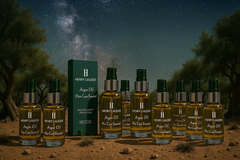 Puede incluir: Un grupo de diez peque&ntilde;os frascos de aceite de arg&aacute;n Henry Lauder Hair Care Essential, dispuestos en una fila sobre una superficie marr&oacute;n. Los frascos son de vidrio transparente con una tapa y una etiqueta verdes. La etiqueta muestra el nombre de la marca, el nombre del producto y una descripci&oacute;n del producto.