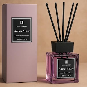 May include: A purple glass bottle with a black lid and black reeds. The bottle is labeled "Amber Allure" and "Luxury Reed Diffuser". The bottle is 160 ml or 5.1 fl oz.