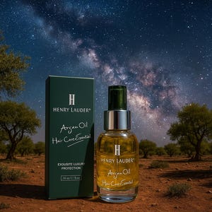 Puede incluir: Una caja verde con el texto "H HENRY LAUDER Argan Oil Hair Care Essential EXOUSITE LUXURY PROTECTION 30 ml / 1.01 fl oz" y una botella de vidrio transparente con una tapa dorada y el texto "HENRY LAUDER Argan Oil Hair Care Essential" sobre un fondo de cielo nocturno estrellado.