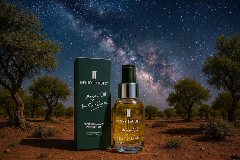 Puede incluir: Una caja verde con el texto "H HENRY LAUDER Argan Oil Hair Care Essential EXOUSITE LUXURY PROTECTION 30 ml / 1.01 fl oz" y una botella de vidrio transparente con una tapa dorada y el texto "HENRY LAUDER Argan Oil Hair Care Essential" sobre un fondo de cielo nocturno estrellado.